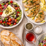 Greek Village Salad with Grilled Chicken and Crusty Bread
