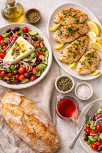 Greek Village Salad with Grilled Chicken and Crusty Bread
