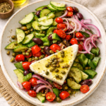 Traditional Greek village salad (horiatiki) with tomatoes, cucumber, olives, red onion, and feta cheese drizzled with olive oil on a creamy white plate.