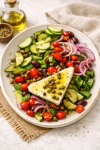 Traditional Greek village salad (horiatiki) with tomatoes, cucumber, olives, red onion, and feta cheese drizzled with olive oil on a creamy white plate.