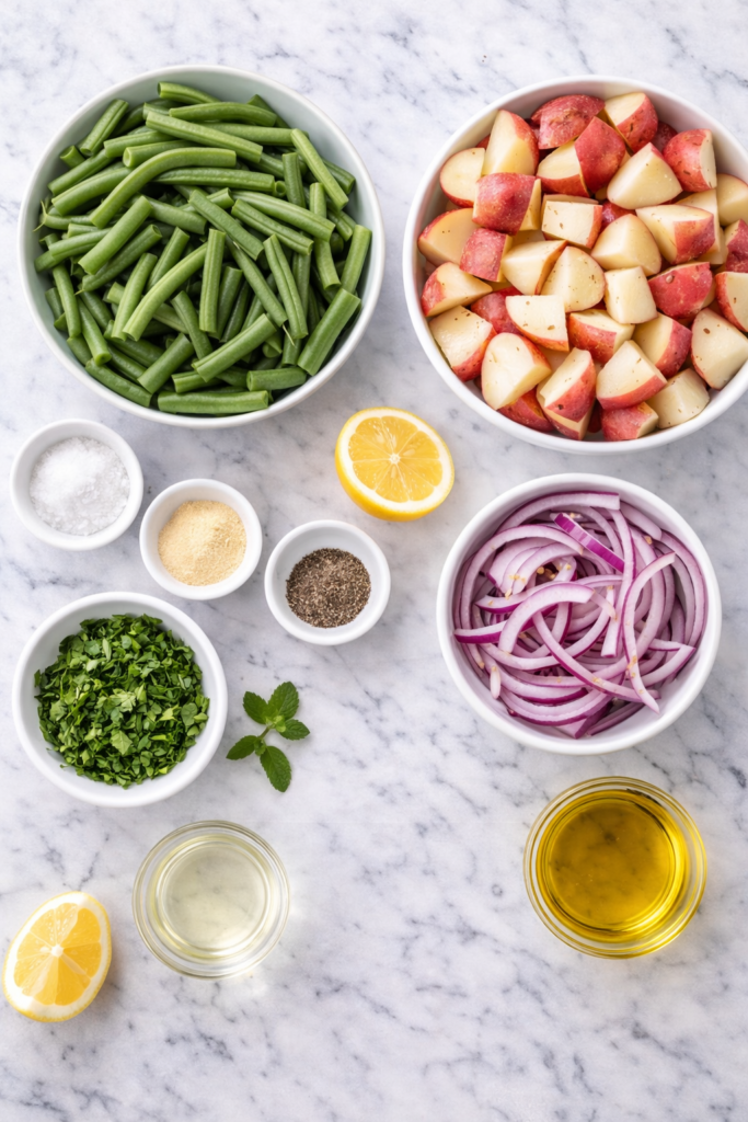 Flat lay of ingredients for green bean and potato salad including red potatoes, fresh green beans, red onion, lemon, herbs, oil, and vinegar on a marble surface.