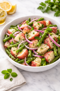 Classic green bean and potato salad made with red potatoes, fresh green beans, and red onion in a white serving bowl on a marble countertop.