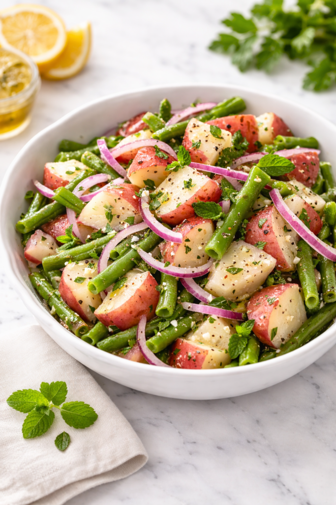 Classic green bean and potato salad made with red potatoes, fresh green beans, and red onion in a white serving bowl on a marble countertop.