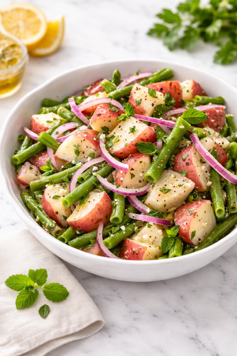 Classic green bean and potato salad made with red potatoes, fresh green beans, and red onion in a white serving bowl on a marble countertop.