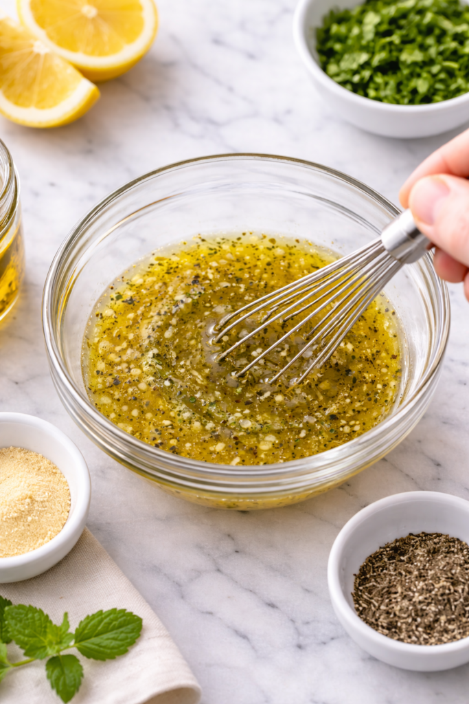 Whisking a lemon vinaigrette dressing in a glass bowl on a marble countertop for green bean and potato salad.