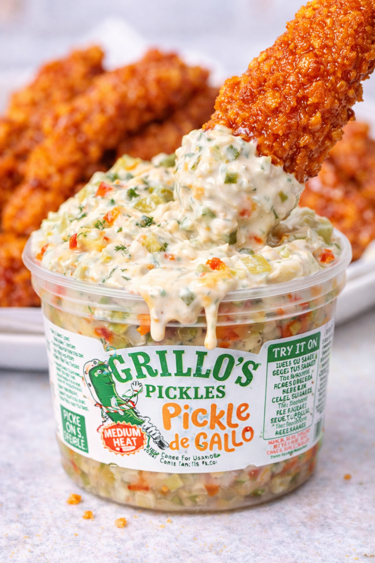 Creamy pickle de gallo dip made with Grillo’s Pickles, piled high in the container with a crispy spicy chicken tender being dipped in, sauce dripping down the side and spicy chicken tenders in the background.