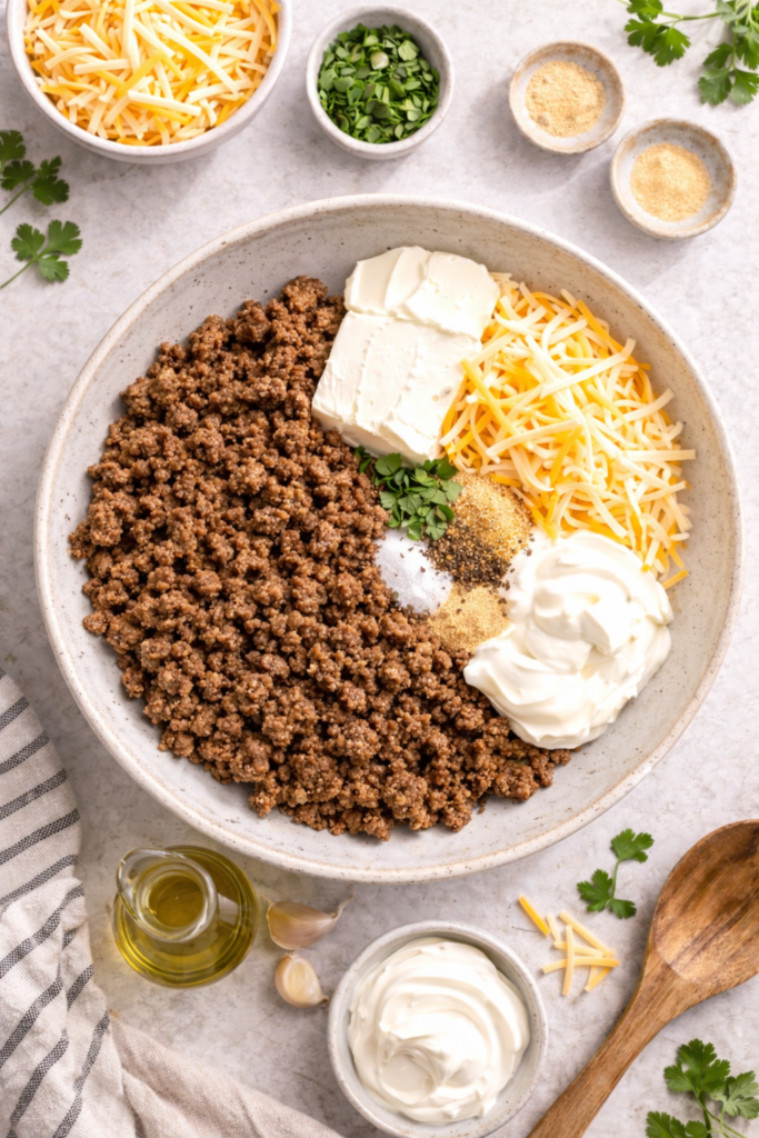 Top down view of ground beef taquitos filling ingredients in a bowl including seasoned ground beef, cream cheese, shredded cheese, sour cream, garlic, spices, and fresh herbs on a light marble background.