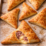 Golden ham and cheese hand pies on a well used baking sheet with one pie cut open showing creamy melted cheese and diced ham.