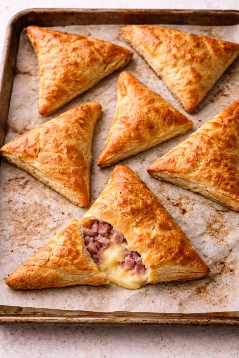 Golden ham and cheese hand pies on a well used baking sheet with one pie cut open showing creamy melted cheese and diced ham.