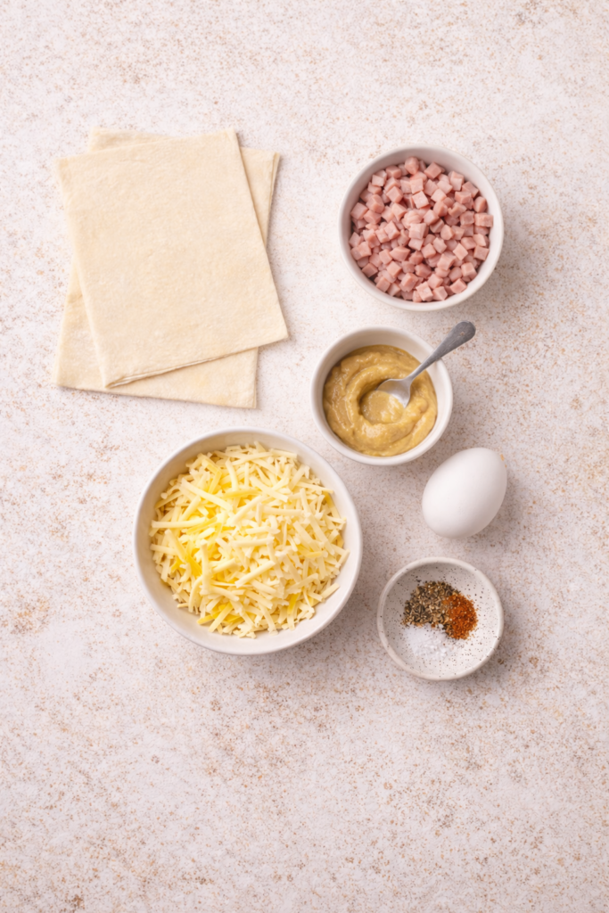 Flat lay of ingredients for ham and cheese hand pies including puff pastry, diced ham, shredded cheese, Dijon mustard, egg, and seasonings on a neutral background.