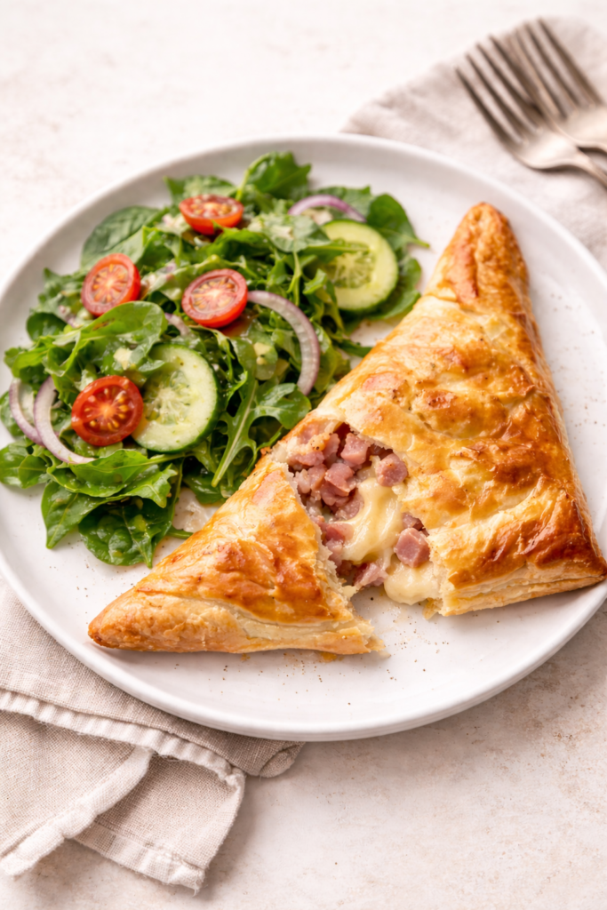 Flaky ham and cheese hand pie with a gooey, melty cheese center served on a white plate with a simple green salad.