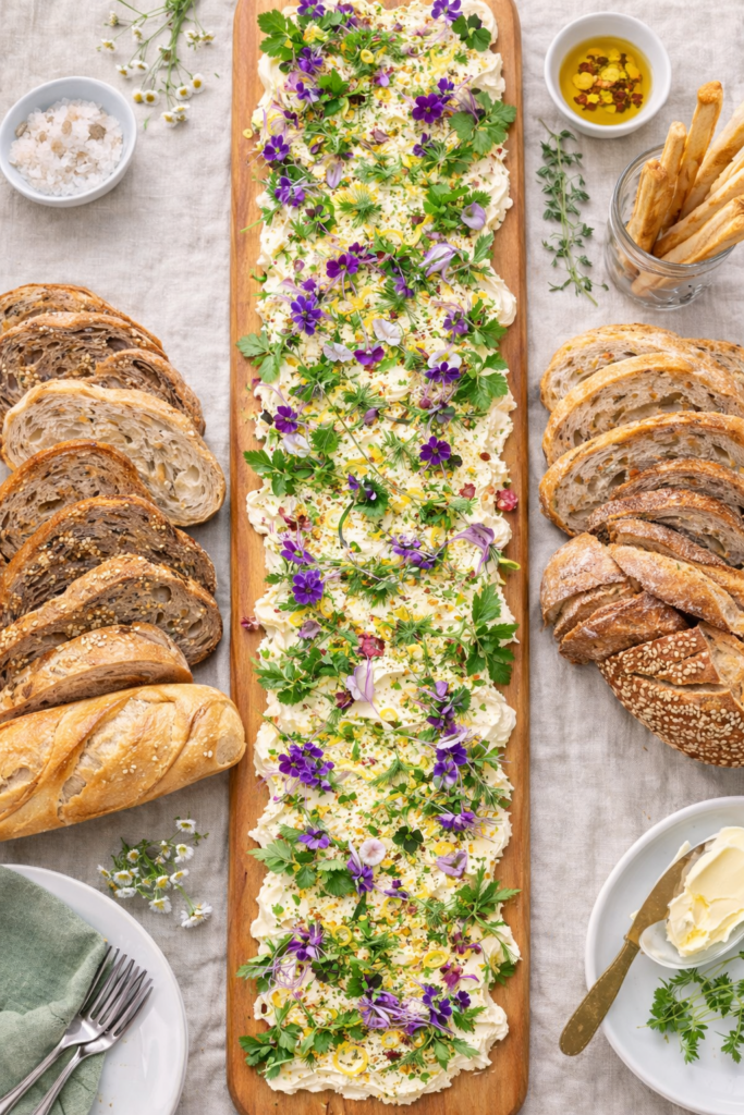 Top-down view of a long butter board smeared with whipped butter, fresh herbs, and edible flowers, styled on a neutral linen tablecloth with artisan breads.