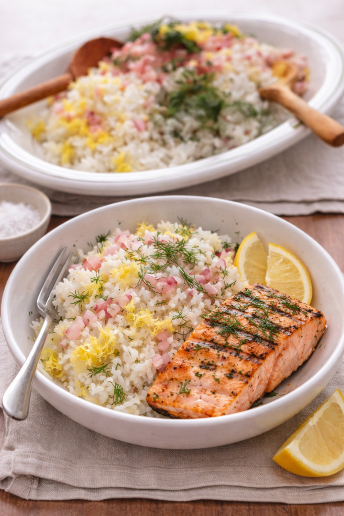 Herb rice salad with red onion and lemon zest served with grilled salmon in a white bowl on neutral linen