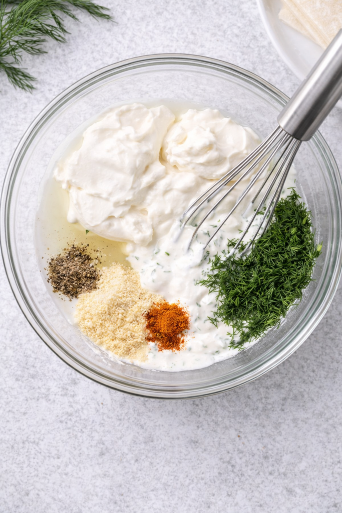 Homemade ranch dip being mixed in a glass bowl with sour cream, dill, spices, and whisk