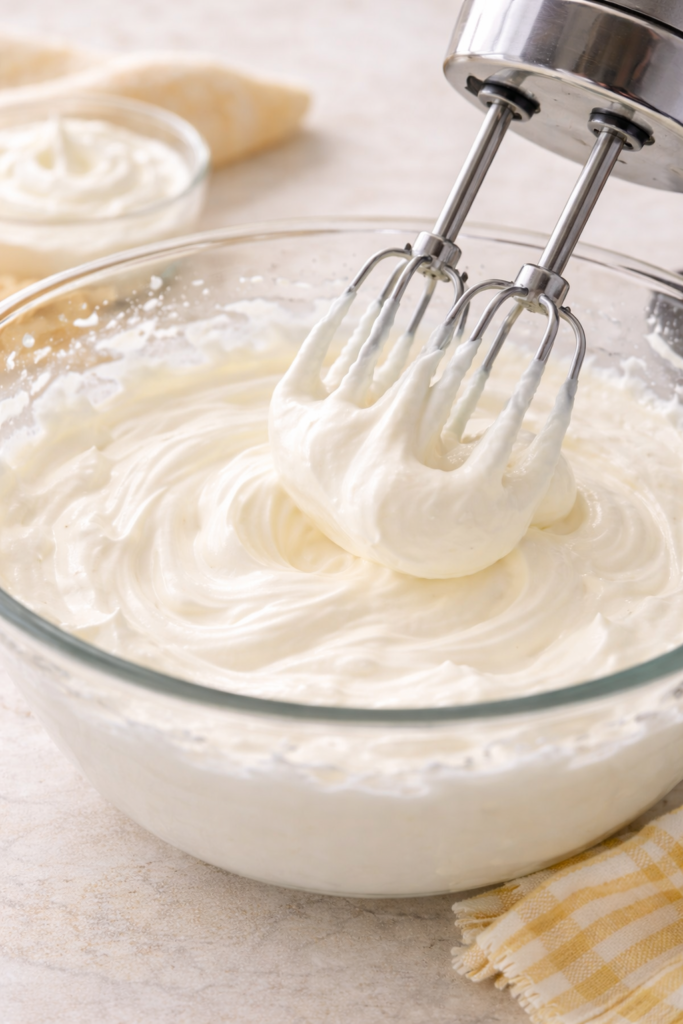 Homemade whipped cream being whipped to soft peaks in a glass bowl with a hand mixer.