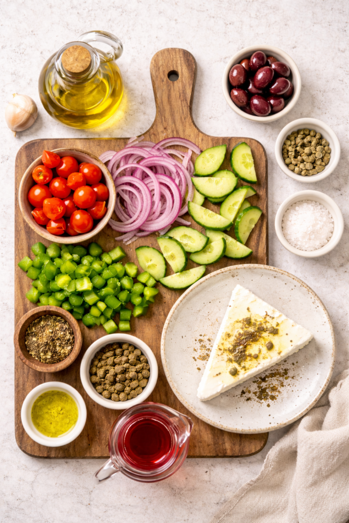 Flat lay of Greek village salad ingredients including tomatoes, cucumber, red onion, bell pepper, olives, feta cheese, olive oil, oregano, and red wine vinegar.