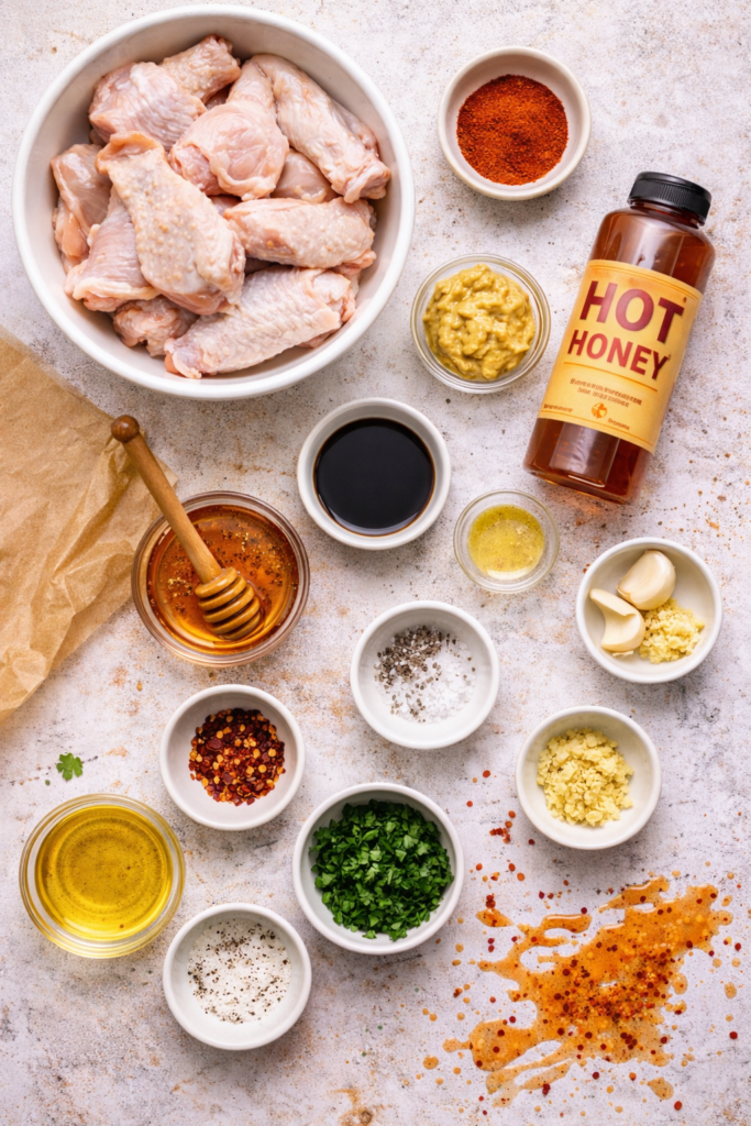 Flat lay of ingredients for hot honey Dijon garlic chicken wings including raw wings, hot honey, Dijon mustard, garlic, olive oil, and spices
