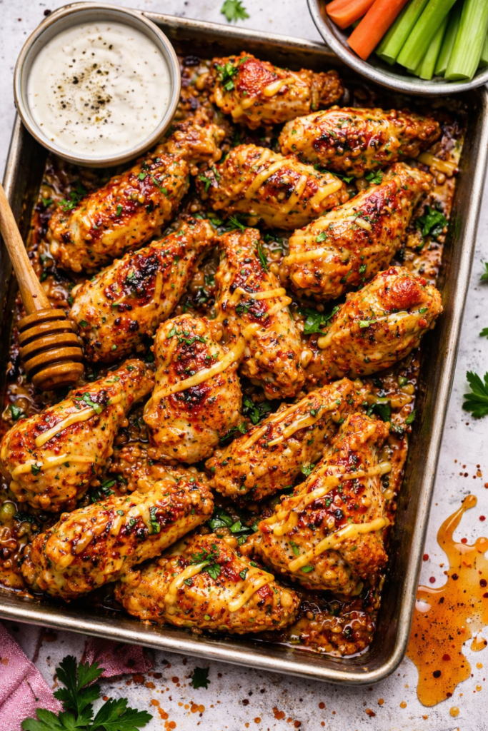 Overhead view of baked hot honey Dijon garlic chicken wings on a sheet pan with honey mustard drizzle and red pepper flakes