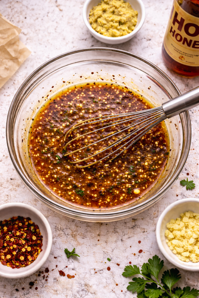 Hot honey Dijon garlic sauce being whisked in a glass bowl with red pepper flakes and minced garlic
