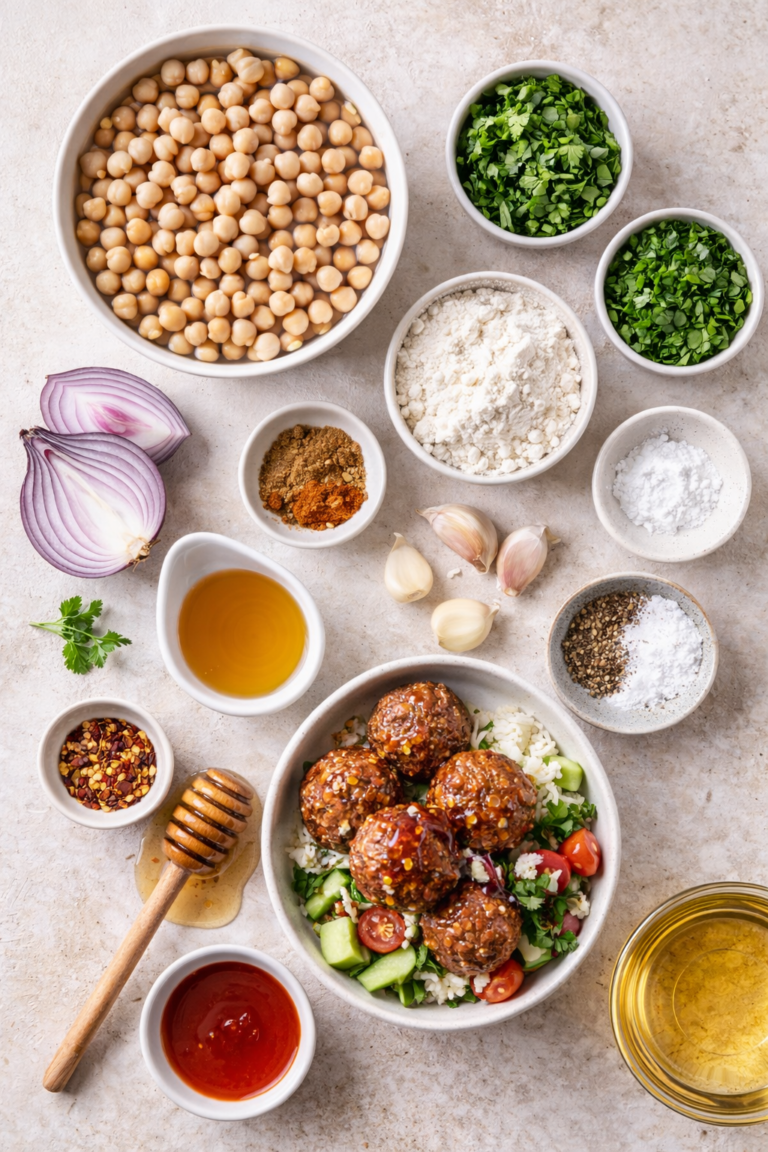 Flat lay of ingredients for hot honey falafel including chickpeas, fresh herbs, garlic, onion, spices, flour, honey, and hot sauce