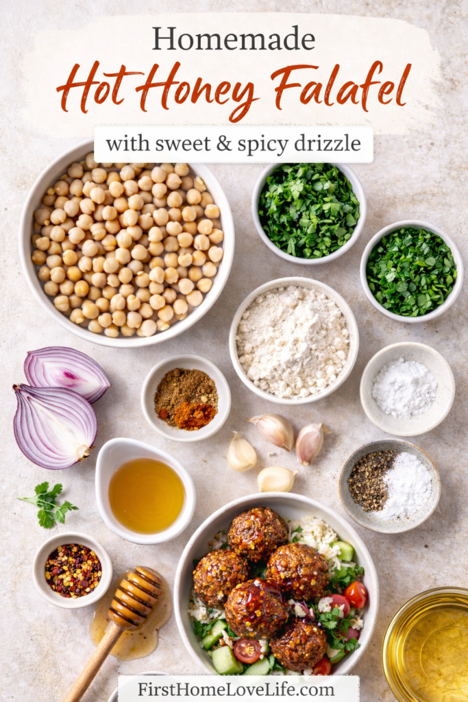 Hot honey falafel recipe flat lay with ingredients and crispy falafel rice bowl, sweet and spicy vegetarian dinner idea