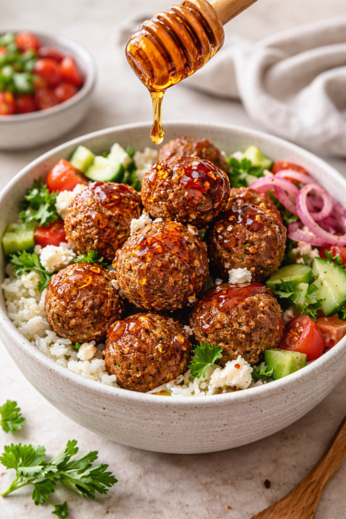 Hot honey falafel rice bowl with crispy falafel being drizzled with spicy honey over rice, cucumbers, tomatoes, and feta