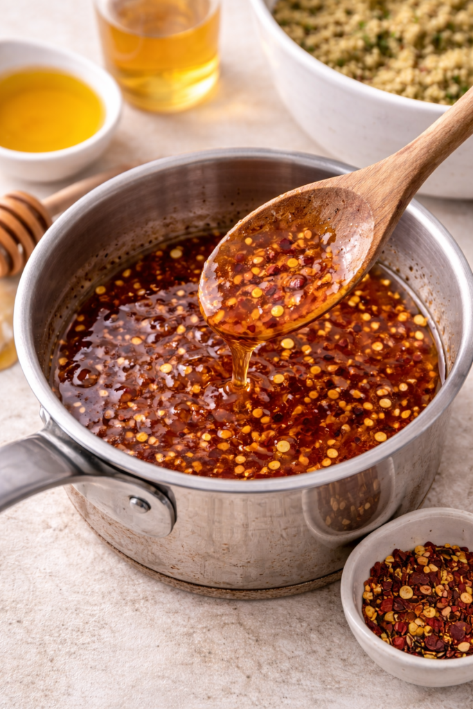 Hot honey sauce being made in a saucepan with red pepper flakes and honey drizzled from a wooden spoon