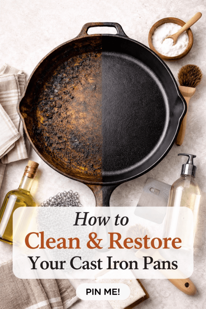 Soft farmhouse Pinterest graphic showing a cast iron skillet split in half — one side rusted and dirty, the other clean and seasoned — with cleaning tools arranged around it and text reading “How to Clean & Restore Your Cast Iron Pans.”