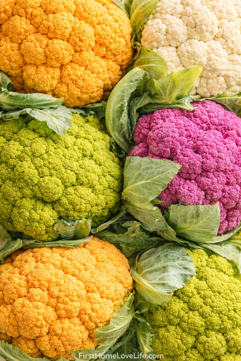 Colorful cauliflower heads in orange, green, purple, and white with fresh leaves