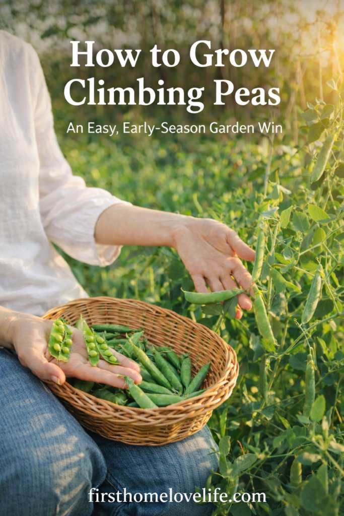 Gardener harvesting fresh climbing peas from the vine into a wicker basket, wearing a white top and jeans in a lush spring garden.