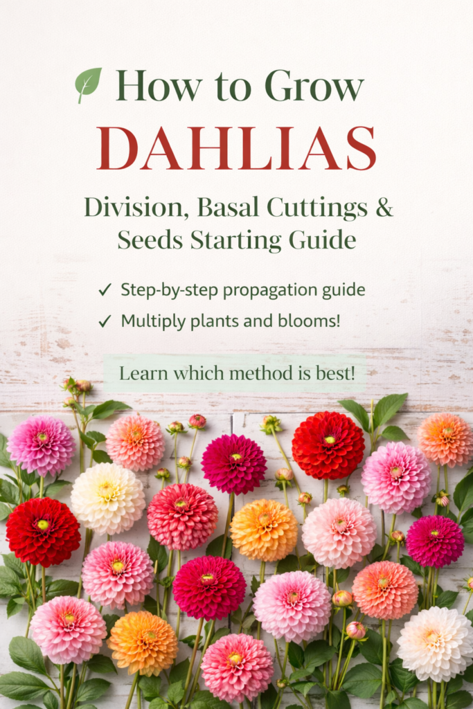 Pinterest graphic featuring colorful dahlias flat lay with text overlay “How to Grow Dahlias: Division, Basal Cuttings & Seeds Starting Guide.”