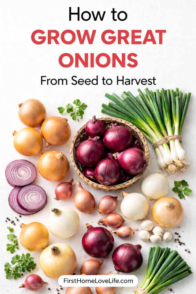 How to grow onions from seed to harvest guide featuring yellow, red, and white onions flat lay with FirstHomeLoveLife.com branding