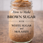 How to make brown sugar at home using white sugar and molasses in a glass jar on a rustic wooden surface.