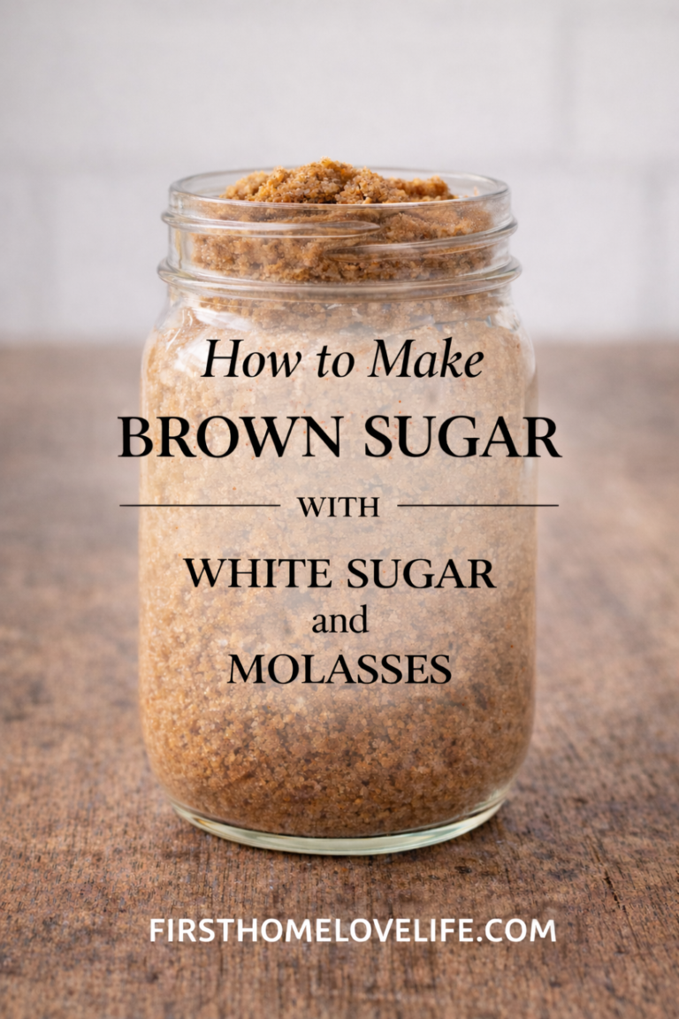 How to make brown sugar at home using white sugar and molasses in a glass jar on a rustic wooden surface.