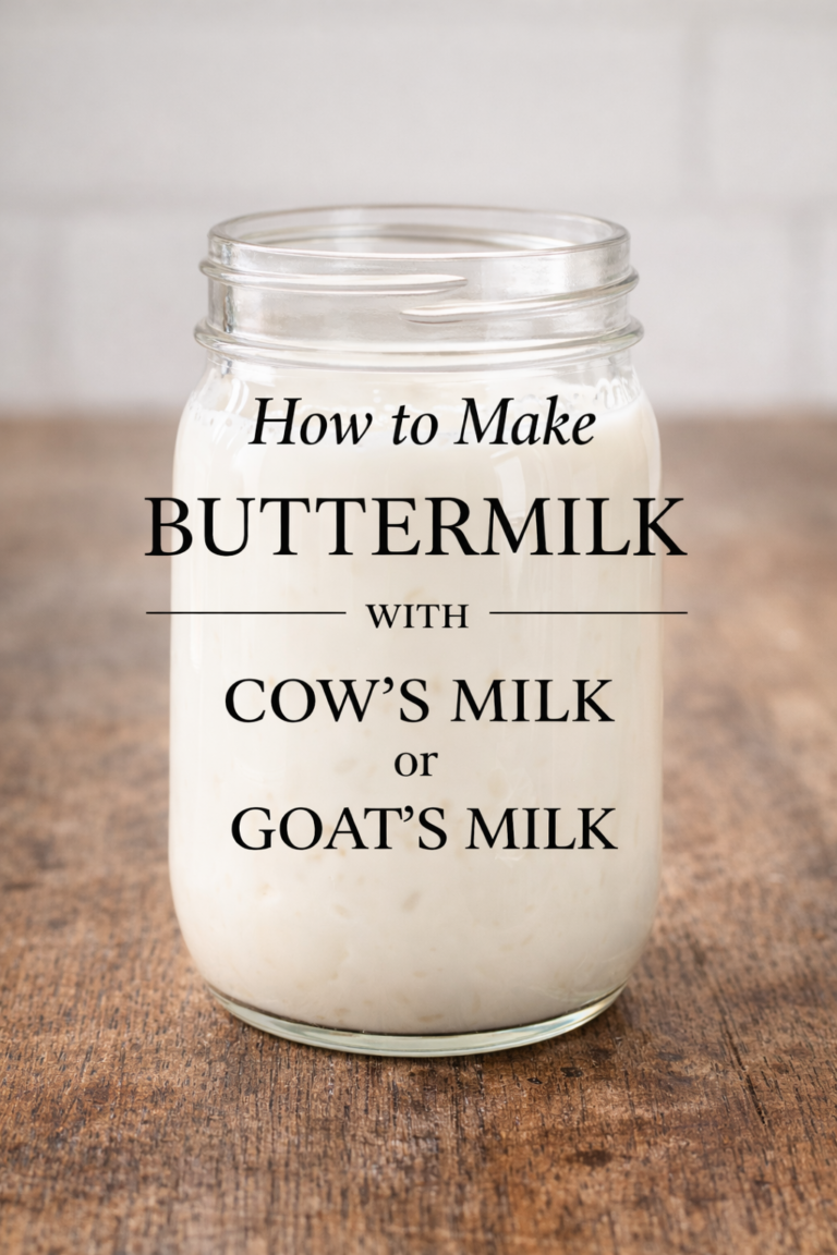 Mason jar of homemade buttermilk on a wooden counter with text overlay showing how to make buttermilk using cow’s milk or goat’s milk