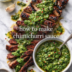 How to make chimichurri sauce served over grilled steak with a white bowl of fresh chimichurri on a marble counter