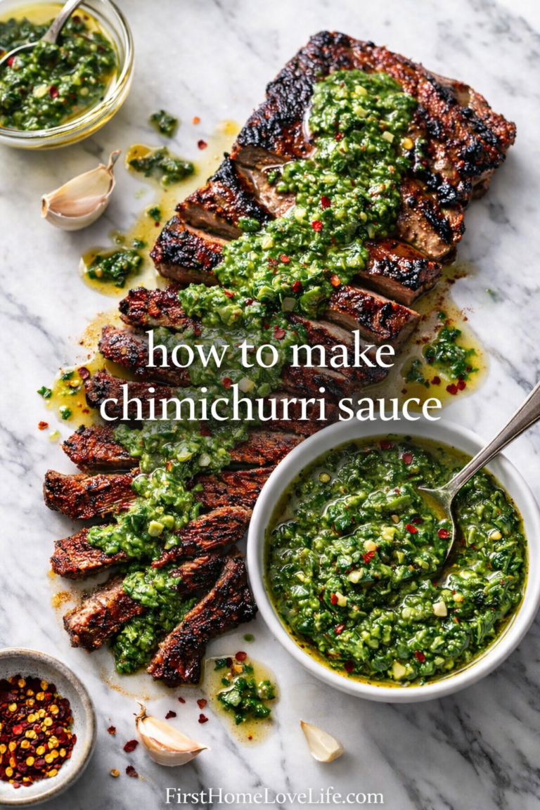 How to make chimichurri sauce served over grilled steak with a white bowl of fresh chimichurri on a marble counter