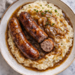 Irish bangers and mash with onion gravy served on a rustic plate with creamy mashed potatoes, sliced pork sausage, and chives on a marble background.