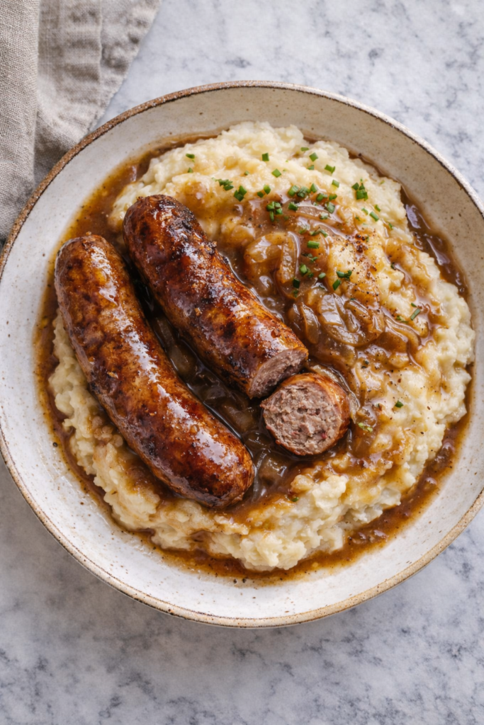 Irish bangers and mash with onion gravy served on a rustic plate with creamy mashed potatoes, sliced pork sausage, and chives on a marble background.