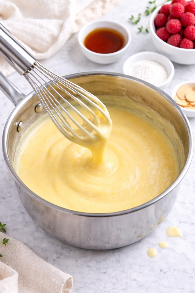 Vanilla custard being cooked and whisked in a saucepan for Irish sherry trifle on a marble countertop.