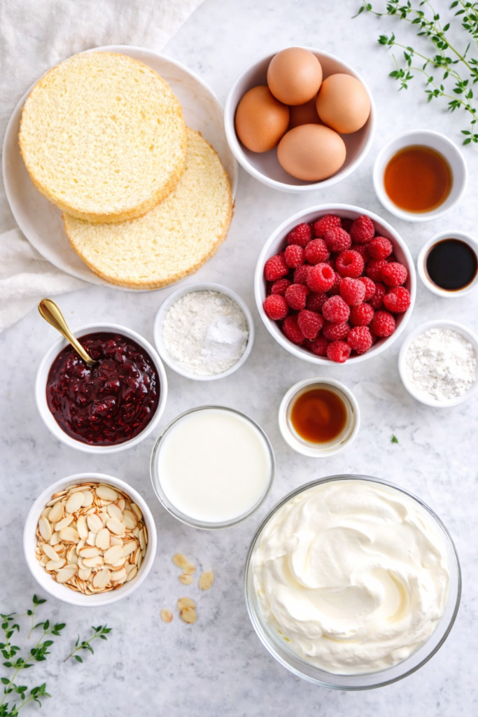 Flat lay of ingredients for Irish sherry trifle including sponge cake, eggs, milk, raspberries, raspberry jam, cream sherry, whipped cream, and sliced almonds on a marble surface.