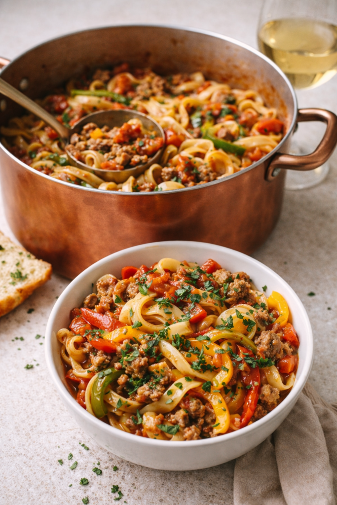 Italian drunken noodles cooked in a copper pot with a bowl of noodles served in front, featuring Italian sausage, bell peppers, egg noodles, and tomato wine sauce.