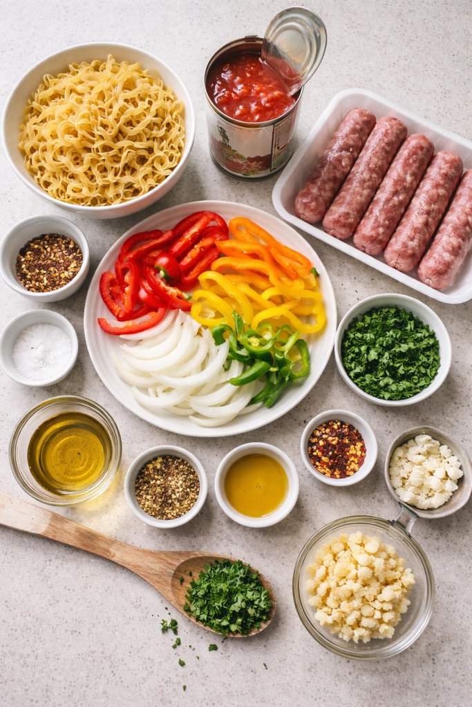 Flat lay of ingredients for Italian drunken noodles including Italian sausage, egg noodles, bell peppers, onion, garlic, diced tomatoes, olive oil, white wine, and Italian seasonings.
