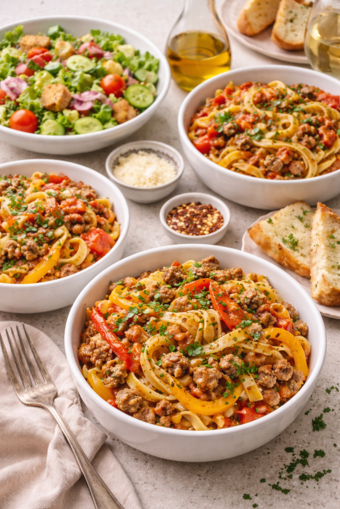 Bowls of Italian drunken noodles served on a table with a fresh mixed salad, featuring egg noodles, Italian sausage, bell peppers, and tomato wine sauce.