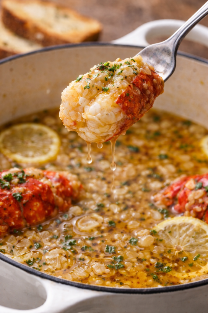 Piece of tender lobster meat dipped into garlic butter sauce with butter dripping back into the pan