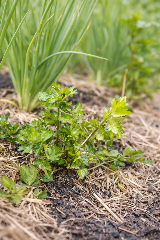 Young lovage plant growing in raised garden bed with straw mulch and green onions in background