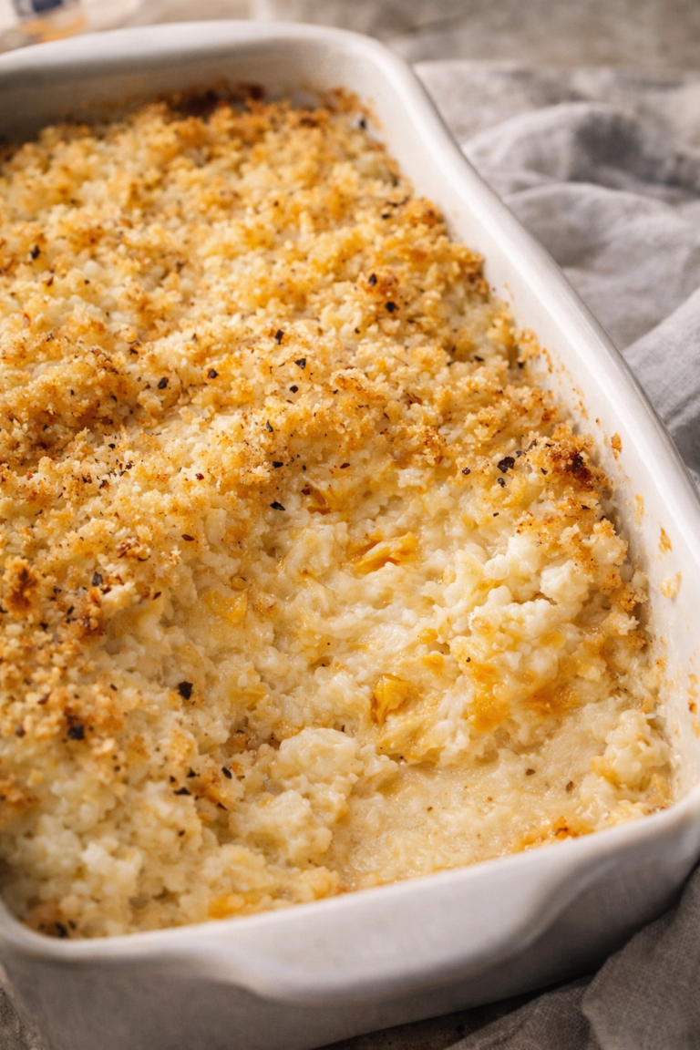 Creamy mashed cauliflower au gratin in a white baking dish with golden panko topping, warm, cheesy, and comforting.