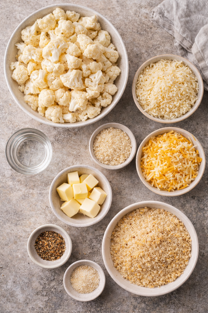Flat lay of ingredients for mashed cauliflower au gratin including cauliflower, cheeses, butter, panko, and seasonings.