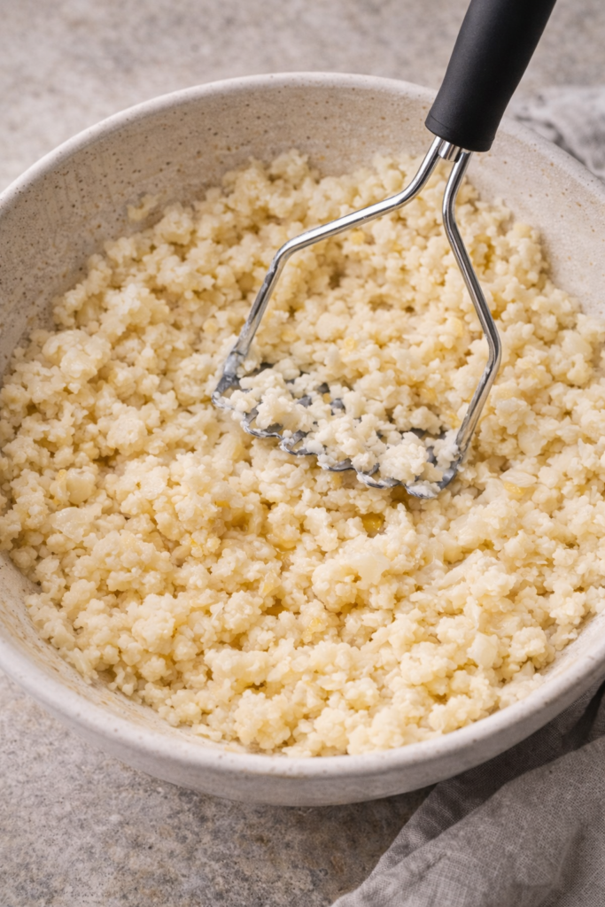 Cauliflower being mashed in a bowl with a potato masher, showing the creamy texture before making cauliflower au gratin.