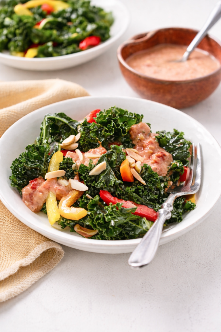 Easy massaged kale salad with creamy sun-dried tomato garlic dressing in a white bowl on a bright neutral table